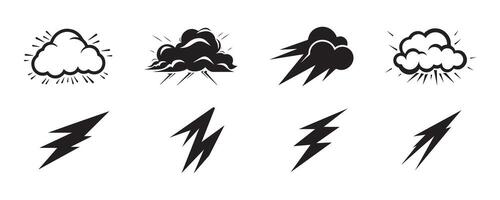 Set of black cloud and lightning icons in different variations, isolated on a white background. Concept of weather, storm, lightning, minimalistic graphic design, weather icons vector