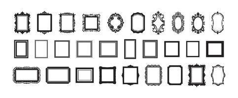 Black and white set of vintage picture frames. Collection of ornate, antique, decorative, and classical frame designs. Art, decoration, and interior design elements. Copy space vector