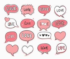 Colorful speech bubbles with love messages for Valentine's day. Doodle pink think and talk balloons in heart shape, design elements for characters speech. vector