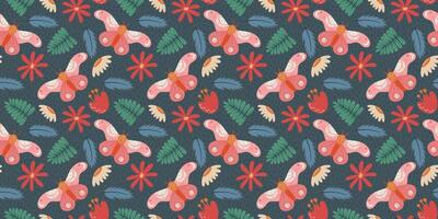 Seamless Vintage Floral and Butterfly Pattern with Hand-Drawn Botanical Elements in Soft Pastel Colors on Dark Background Perfect for Textile, Wallpaper, and Digital Design vector