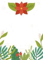 Festive Poster template featuring a red poinsettia flower, greenery, berries, and snowflakes on a white background with blank space. vector