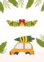 Poster Template Frame of a car carrying a Christmas tree, a garland with lights and bells, and greenery accents on a snowy background with blank space. vector
