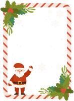 Festive Poster template featuring Santa Claus waving inside a candy cane striped frame adorned with holly, greenery, and snowflakes on a light background. vector