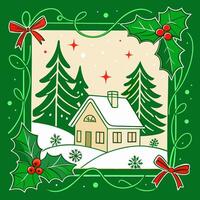 Christmas house with snow and holly in frame vector