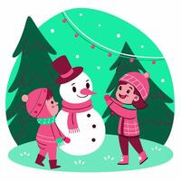 Two children are playing with a snowman in the winter vector