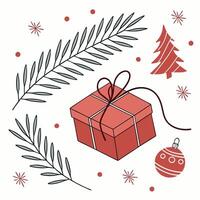 Christmas gift box with red ribbon and tree branches vector
