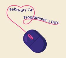 Programmer Day, Computer Mouse with Heart-shaped cord. Greeting Card for IT profession, text February 14. Purple controller, Cable, wheel. Hardware, technology. Flat image. Color illustration vector
