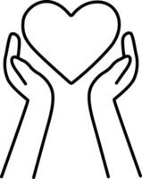 Thin Outline Icon of Two Hands Holding a Heart Symbol of Love and Care vector