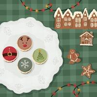 A plate filled with Christmas cookies, surrounded by lights. Ginger cookies and funny Christmas macaroons. vector