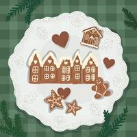 Plate of Christmas cookies. The plate has a lace-like edge, it with gingerbread cookies shaped like houses, stars, hearts, and a gingerbread man. vector