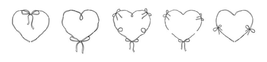 Filigree ribbon irregular heart frame with tiny bow in retro victorian style. Girly coquette hand drawn sketch illustration. Cute vintage Valentines day romantic baroque design vector