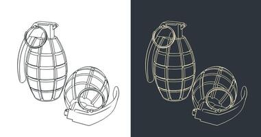 Hand fragmentation grenade sketches vector