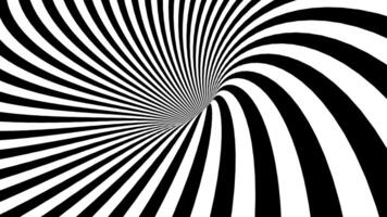 Dynamic swirling black and white vortex with curving lines forming a complex geometric optical illusion. Seamless loop 4k video