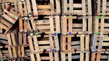 Wall of stacked wooden shipping crates creates a vibrant abstract image, showcasing repeating shapes and lines that form an intriguing geometric pattern and texture video
