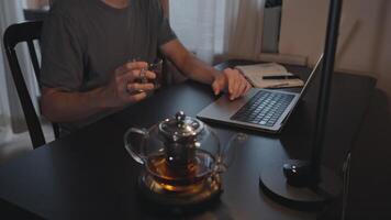Man working and drinking tea at computer on desktop video