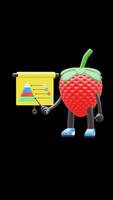 3D Strawberry Fruit Character Doing Presentation With Graph And Pointer Suitable For Business And Marketing Presentations. Transparent Background. Alpha Background. Looping Animation. video