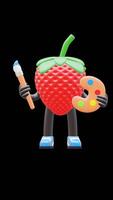 3D Strawberry Fruit Character Holding Paintbrush And Palette Suitable For Art And Creativity Themes. Transparent Background. Alpha Background. Looping Animation. video