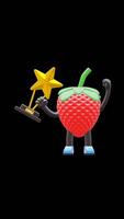 3D Strawberry Fruit Character Holding Star Trophy Suitable For Award And Achievement Concepts. Transparent Background. Alpha Background. Looping Animation. video