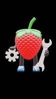 3D Strawberry Fruit Character Holding Wrench And Gear For Maintenance And Technical Support Suitable For Business And Technical Concepts. Transparent Background. Alpha Background. Looping Animation. video