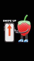 3D Strawberry Fruit Character Highlighting Swipe Up Text With A Smartphone Graphic. Ideal For Interactive Marketing Campaigns, Social Media Advertisements, And Engaging Call To Actions. video