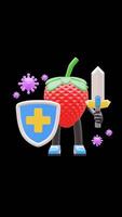 3D Strawberry Fruit Character With Sword And Shield Fighting Virus Suitable For Health Campaigns And Educational Content. Transparent Background. Alpha Background. Looping Animation. video