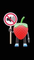 3d morango fruta personagem segurando silencioso placa adequado para quieto zona e silêncio consciência conceitos. transparente fundo. alfa fundo. looping animação. video