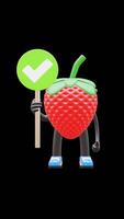 3D Strawberry Fruit Character Holding Correct Sign Suitable For Right And Approval Concepts. Transparent Background. Alpha Background. Looping Animation. video