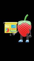 3D Strawberry Fruit Character Doing Presentation On Growth Chart Suitable For Business And Education Concepts. Transparent Background. Alpha Background. Looping Animation. video
