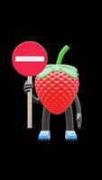3D Strawberry Fruit Character Holding Dont Enter Sign Suitable For Restricted Area And Safety Concepts. Transparent Background. Alpha Background. Looping Animation. video