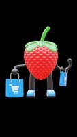 3D Strawberry Fruit Character Holding Shopping Bags Suitable For E Commerce And Retail Concepts. Transparent Background. Alpha Background. Looping Animation. video