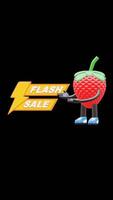3D Strawberry Fruit Character Pointing At Flash Sale Text, Ideal For Discounts, Special Offers, And Promotions. Transparent Background. Alpha Background. Looping Animation. video