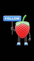 3D Strawberry Fruit Character Holding Follow Sign Board Suitable For Social Media Marketing And Audience Engagement. Transparent Background. Alpha Background. Looping Animation. video