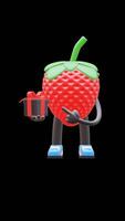 3d morango fruta personagem segurando presente caixa adequado para celebração e presentear contente. transparente fundo. alfa fundo. looping animação. video
