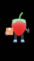 3d morango fruta personagem segurando Entrega caixa adequado para correio Serviços e Remessa logística. transparente fundo. alfa fundo. looping animação. video