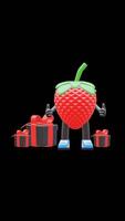 3d morango fruta personagem com presente caixas adequado para celebração e feriado conceitos. transparente fundo. alfa fundo. looping animação. video