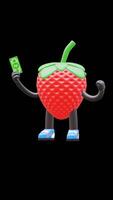 3d morango fruta personagem segurando dinheiro simbolizando riqueza sucesso adequado para o negócio financeiro e marketing contente. transparente fundo. alfa fundo. looping animação. video