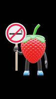3D Strawberry Fruit Character Holding Dont Smoke Sign Suitable For No Smoking And Health Awareness Concepts. Transparent Background. Alpha Background. Looping Animation. video