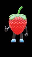 3d morango fruta personagem dando polegares acima gesto para motivação e sucesso temas. transparente fundo. alfa fundo. looping animação. video