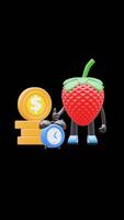 3D Strawberry Fruit Character Showing Time Is Money Concept Suitable For Business And Financial Concepts. Transparent Background. Alpha Background. Looping Animation. video