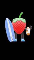 3d morango fruta personagem segurando prancha de surfe e bóia salva-vidas adequado para verão e de praia período de férias conceitos. transparente fundo. alfa fundo. looping animação. video