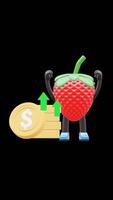 3D Strawberry Fruit Character Standing Next To Increasing Coin Stack Representing Business Profit Suitable For Financial Content And Business Promotions. Transparent Background. Alpha Background. video