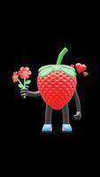 3D Strawberry Fruit Character Holding Flowers And Heart Suitable For Romantic And Appreciation Content. Transparent Background. Alpha Background. Looping Animation. video
