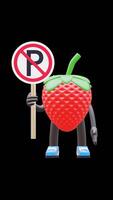 3d morango fruta personagem segurando não estacionamento placa adequado para estacionamento regras e tráfego consciência conceitos. transparente fundo. alfa fundo. looping animação. video