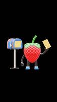 3d morango fruta personagem segurando envelope Próximo para caixa de correio adequado para comunicação e o negócio Mensagens conceitos. transparente fundo. alfa fundo. looping animação. video