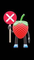 3D Strawberry Fruit Character Holding Wrong Sign Suitable For Mistake And Incorrect Concepts. Transparent Background. Alpha Background. Looping Animation. video