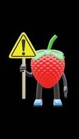 3D Strawberry Fruit Character Holding Danger Sign Suitable For Warning And Caution Content. Transparent Background. Alpha Background. Looping Animation. video