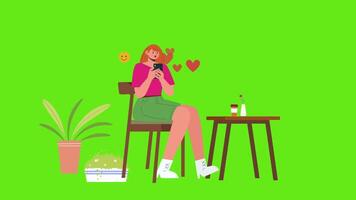 2D Animation of a Woman Sitting at a Table with a Phone and Plant on Green Screen Background - Perfect for Compositing and Creative Projects video