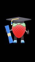 3D Strawberry Fruit Character Wearing Graduation Cap Holding Diploma Suitable For Education And Success Concepts. Transparent Background. Alpha Background. Looping Animation. video