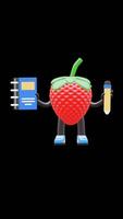 3D Strawberry Fruit Character Holding Textbook And Pencil Suitable For Education And Learning Concepts. Transparent Background. Alpha Background. Looping Animation. video