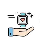 Smart watch with heart icon, illustration. Flat design style hand and digital time clock. vector